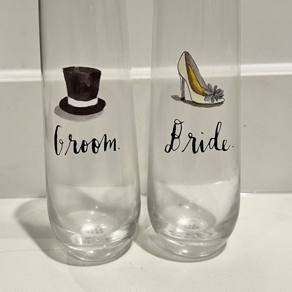Vintage Rae Dunn Bride and Groom Champagne Flutes